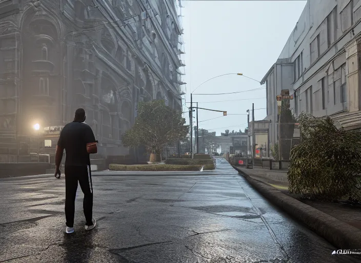 Image similar to cinematic photo gta 5, rain, man in adidas tracksuit, churches, buildings, road, moskvich, rtx, volumetric light, 3 d artist, art by crewdson gregory and artgerm and reflections, moscow, soviet apartment buildings, award winning, artstation, intricate details, realistic, hyperdetailed, 8 k resolution