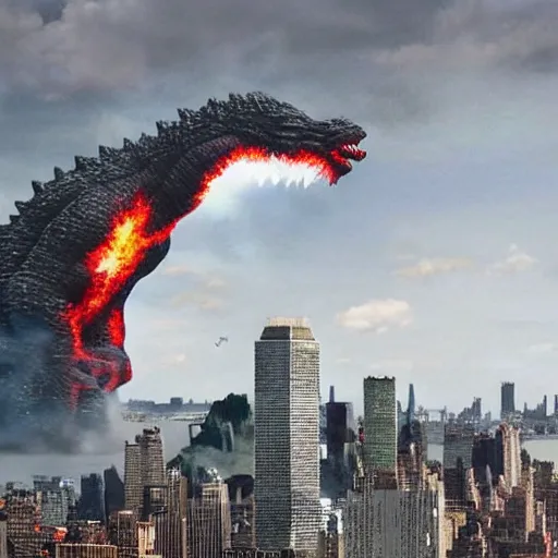 Image similar to kim jong un as godzilla destroying manhattan new york city, kim jong - un, godzilla, destruction, hyper realistic, photo