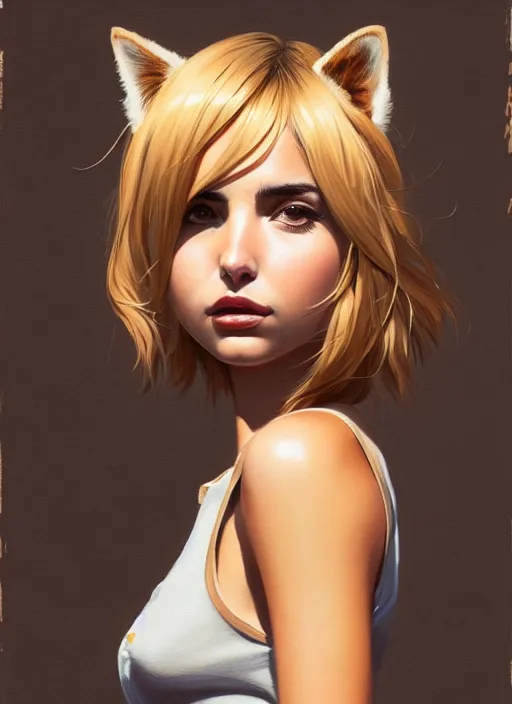 Prompt: ultradetailed beautiful panting of a stylish young lady ( ( ana de armas ) ) wearing a brown foxgirl suit with cat ears, dramatic, furry, she has blond hair, distressed, volumetric light, by greg rutkowski, ilya kuvshinov, james jean, makoto shinkai, on artstation