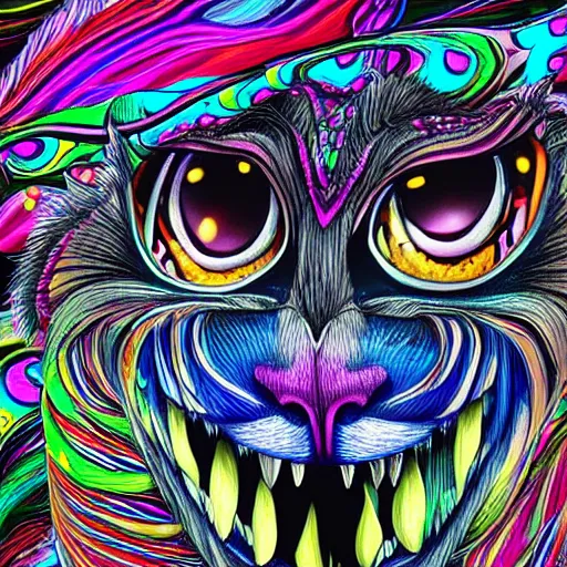 Image similar to psychedelic, photorealistic, colorfully cheshire cat in a maximalist style on a background that fades to black