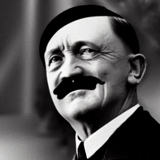 Image similar to high definition photo of Hitler with a creppy smirk pointing up with one finger, 4k