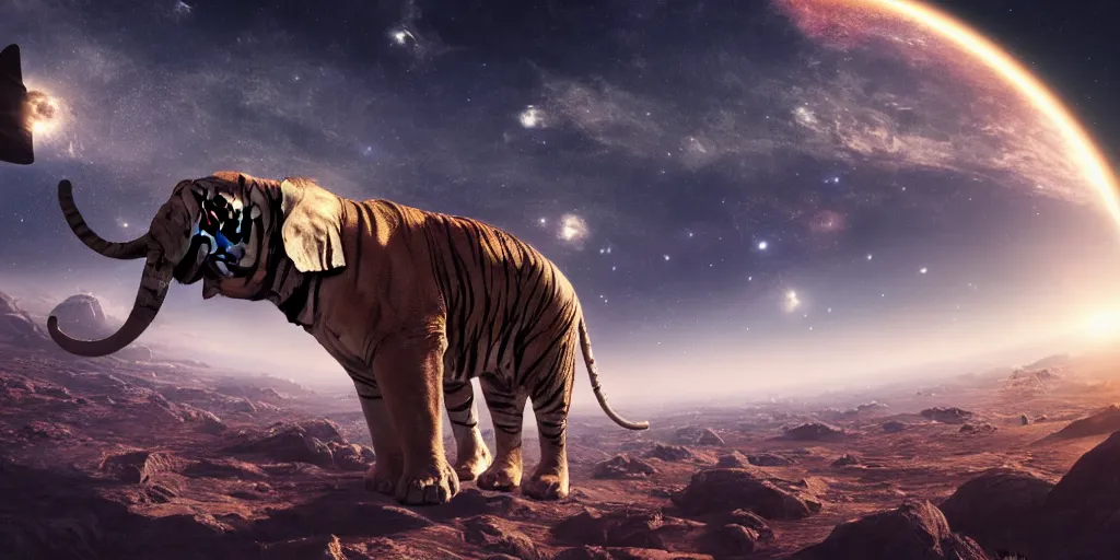 Prompt: planet - sized tiger elephant in space, next to the sun and stars, giant castle, very wide shot, epic composition, hyper detailed, digital art, trending in artstation, cinematic lighting, studio quality, unreal engine 5 rendered, art style by klimt and nixeu and ian sprigger and wlop and krenz cushart