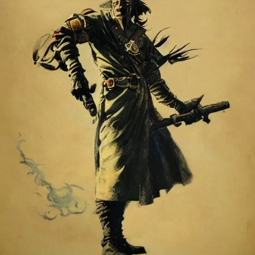 Prompt: a dieselpunk sorcerer, painted by frank frazetta, centered