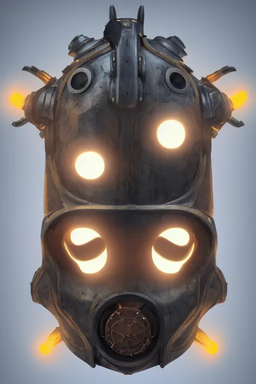 Image similar to steampunk mask minimalist fantasy art robot ninja helmet, global illumination ray tracing hdr fanart arstation by sung choi and eric pfeiffer and gabriel garza and casper konefal radiating a glowing aura