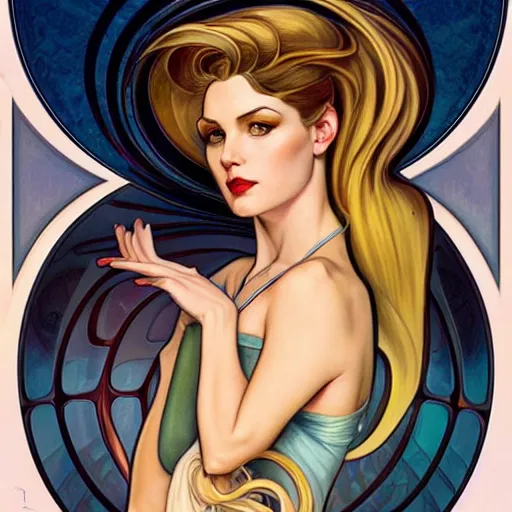 Image similar to a streamline moderne portrait in the style of anna dittmann and donato giancola and alphonse mucha.