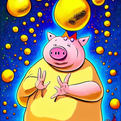 Prompt: trippy comic art of a obese pig wearing a gold crown throwing tan paper balls into the air, drawn by Martin Rowson, Tim Burton, Studio Ghibli, Alex Pardee, Nekro Petros Afshar, James McDermott, colors by lisa frank, unstirred paint, vivid color, cgsociety 4K