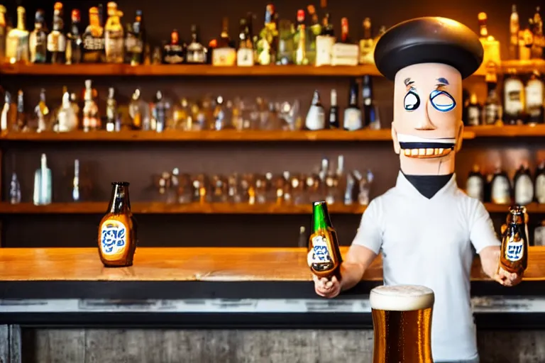 Image similar to a anthropomorphic bottle of beer, customer, stands in front of a bar waiting to be served by the bartender