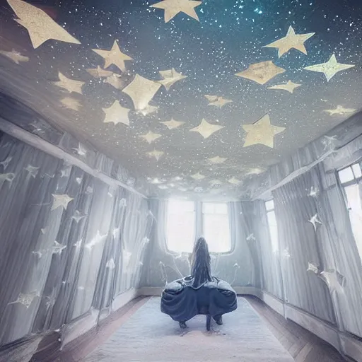 Prompt: a room made of mirrors and stars, mystical, first person pov, realistic fantasy photography