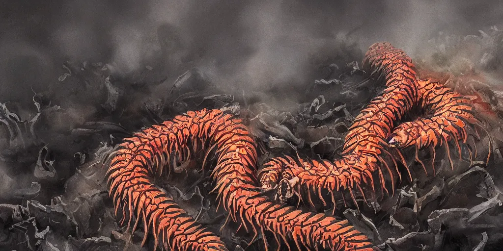Prompt: illustration distant shot of a mountain - sized centipede made of bones covered in smoke, it is crushing and burning a forest, hyper realistic vibrant painting