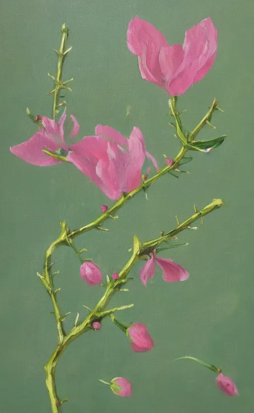 Image similar to painting of green thorn crown with pink little flowers