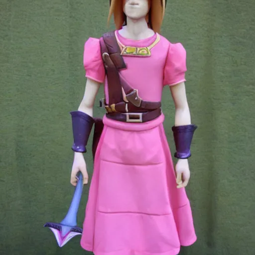 Prompt: Link from the Legend of Zelda: Ocarina of Time wearing a pink dress