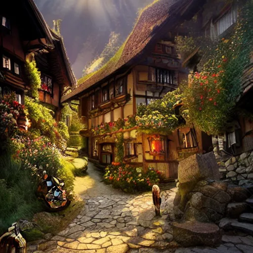 Image similar to my precious! - the hobbit - j. r. r. tolkien - a medieval village in switzerland, ornate, beautiful, atmosphere, vibe, flowers, concept art illustration, greg rutowski, volumetric lighting, sunbeams, particles