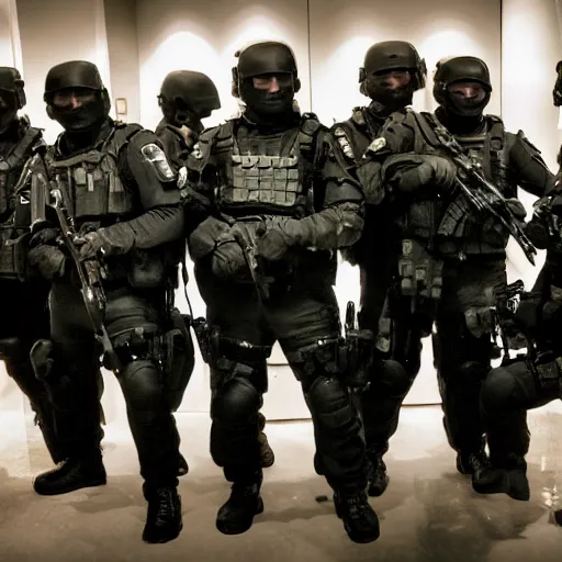 Image similar to An elite swat team in a dark hotel