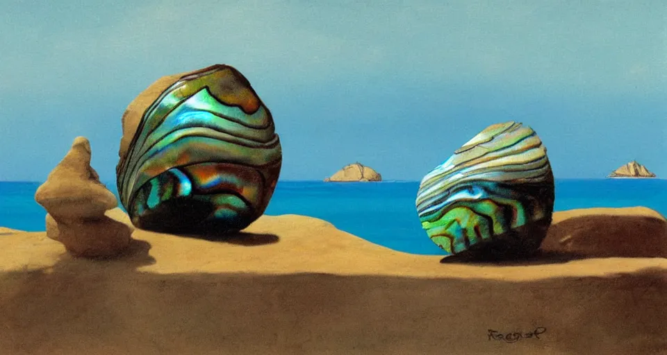 Prompt: oil painting of a tiny abalone seashell house on top of a rock, by roger dean, syd mead, cell shaded graphics, concept art, minimalist