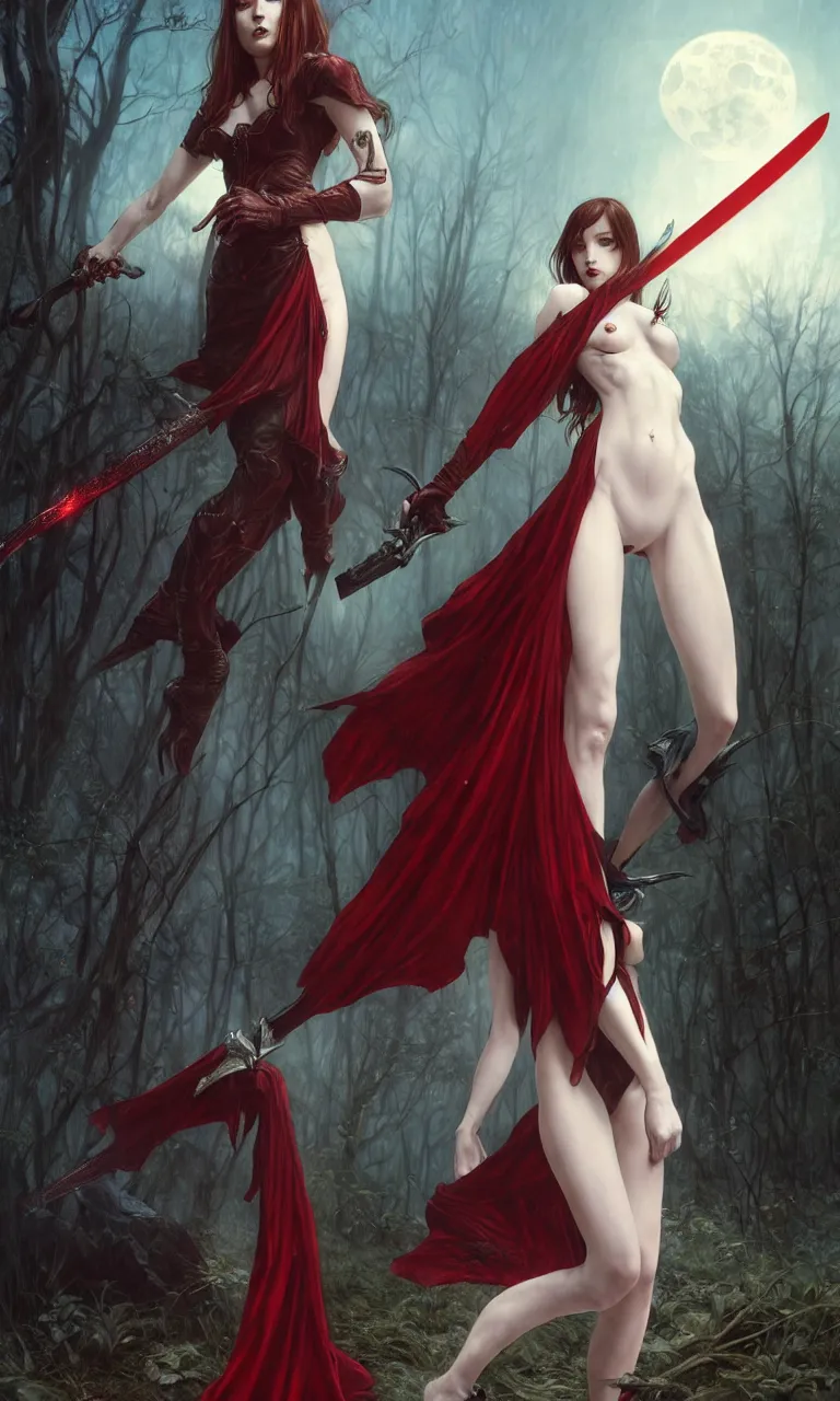 Prompt: full figure, female vampire, pale skin, red cloath, holding a sword wrapped in blue sparkling magic, walking towards the camera, camera pulled back far, detailed illustration, intricate details, surrounded by werewolves, 8 k post processing, scary atmospheric lighting, photoshop, hyper realistic art by artgerm and greg rutkowski and alphonse mucha and lee bermejo