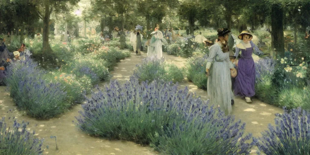 Image similar to enchanted garden, lavender and teal, pathway, flowers, high detail, very very very beautiful and realistic matte painting, naturalism, by Émile Friant,