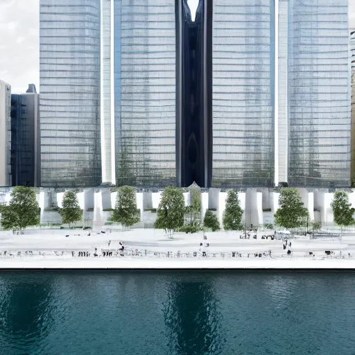 Prompt: the buildings formed by many white spheres, merge and coalesce, are designed by joseph platform on the calm water