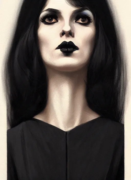 Prompt: portrait of a woman with a crooked nose and a confident expression, 1 9 6 0 s, long hair, black clothes, goth, intricate, elegant, highly detailed, digital painting, artstation, concept art, smooth, sharp focus, illustration, art by wlop, mars ravelo and greg rutkowski