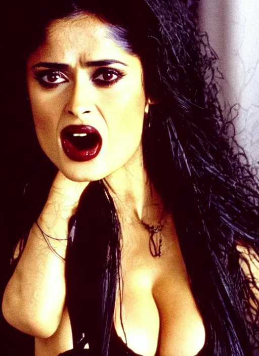 Image similar to cellphone photo of salma hayekas a gothic vampire in the 1990s