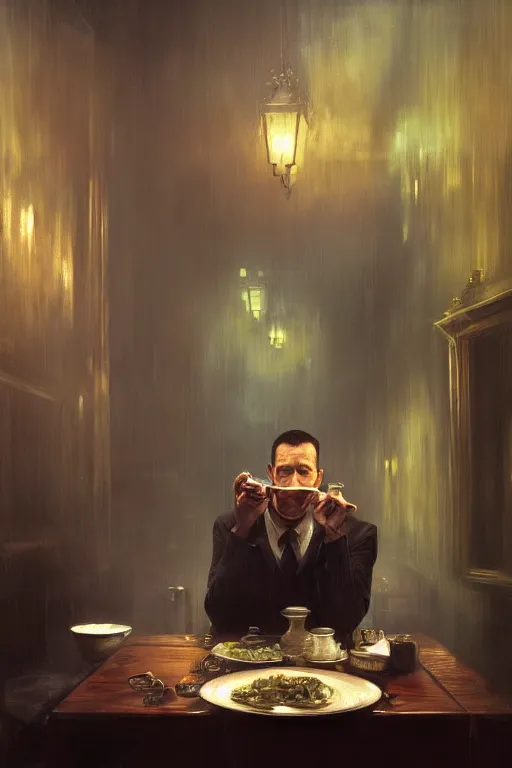 Prompt: , h p lovecraft eating soup at the victorian dining room hyperrealistic portrait, bladerunner street, art of elysium by jeremy mann and alphonse mucha and greg rutkowski, fantasy art, photo realistic, dynamic lighting, artstation, poster, volumetric lighting, very detailed face, 4 k, award winning