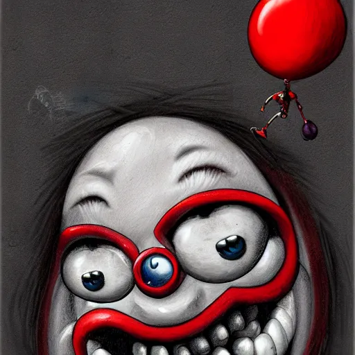 Image similar to surrealism grunge cartoon portrait sketch of a circular monster with a wide smile and a red balloon by - michael karcz, loony toons style, comic book style, horror theme, detailed, elegant, intricate