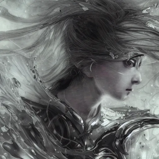 Prompt: yoshitaka amano blurred and dreamy illustration of an anime girl with black eyes, wavy white hair and cracks on her face wearing elden ring armour with the cape fluttering in the wind, abstract black and white patterns on the background, noisy film grain effect, highly detailed, renaissance oil painting, weird portrait angle