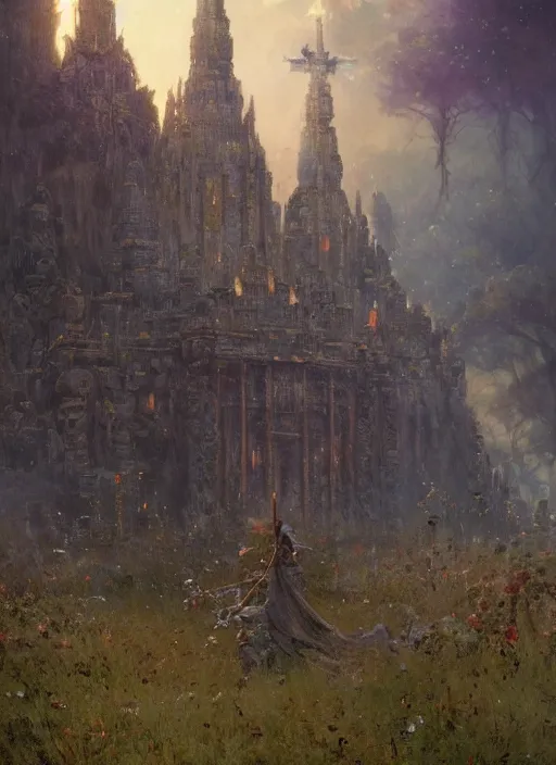 Prompt: giant castle temple megastructure in meadow by gaston bussiere, anna nikonova aka newmilky, greg rutkowski, yoji shinkawa, yoshitaka amano, moebius, donato giancola, geoffroy thoorens, trending on artstation, pixiv, cinematic composition, 8 k