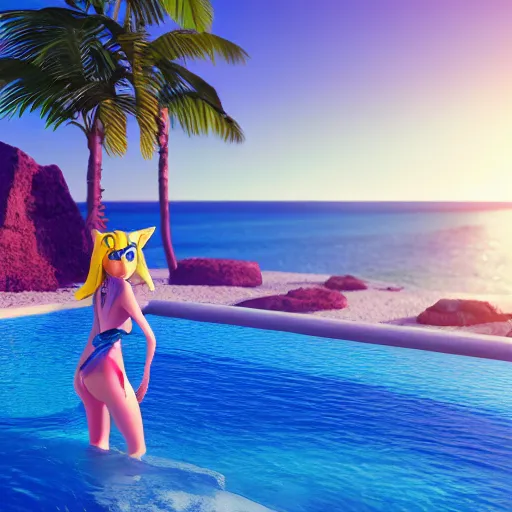 Image similar to pool party ahri catching the sun in hawaiian beach, ocean in the horizon, 3d render, octane render, 4k, very detailed, volumetric, instagram