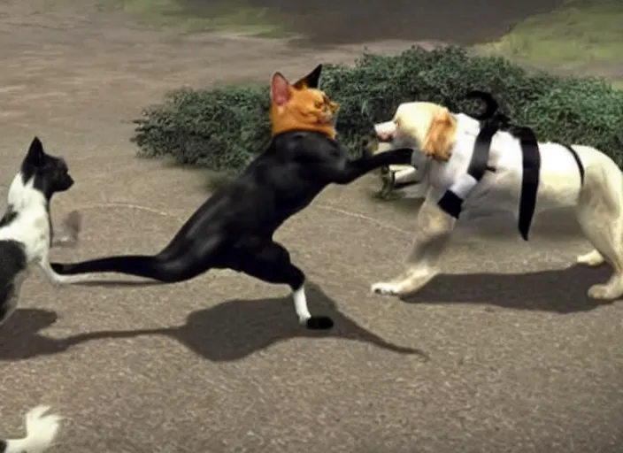 Prompt: cat fights dog in mortal kombat