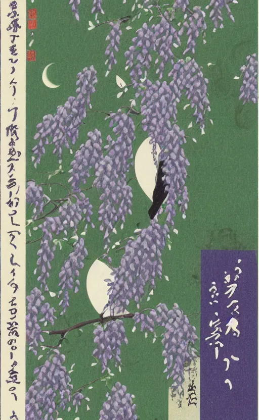 Prompt: by akio watanabe, manga art, half moon in the background, cuckoo bird on wisteria branch, trading card front