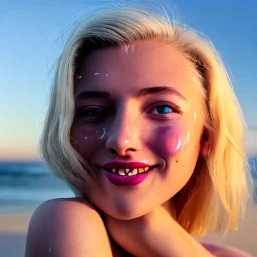 Image similar to beautiful hyperrealism hyperdetailed photograph of a cute thin young woman in love with you, smiling adoringly at the camera, platinum blonde hair, flushed face, blushing, big puffy lips, heart - shaped face, light freckles on cheeks and nose, 8 k, sharp focus, golden hour, beach setting