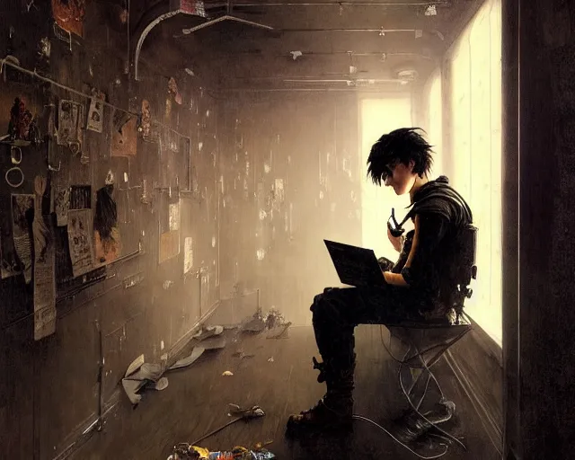 Image similar to a epic norman rockwell painting portrait of emo listening to music in a dark liminal space room, gritty tech, deep focus, fantasy, intricate, elegant, highly detailed, digital painting, artstation, concept art, matte, sharp focus, illustration, dark fantasy style art, resident evil, art by artgerm and greg rutkowski and alphonse mucha