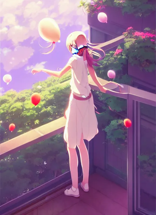 Prompt: girl stand on the a balcony where plants and flowers all around, she is watching a lot of balloons flying over, epic perspective, illustration concept art anime key visual trending pixiv fanbox by wlop and greg rutkowski and makoto shinkai and studio ghibli