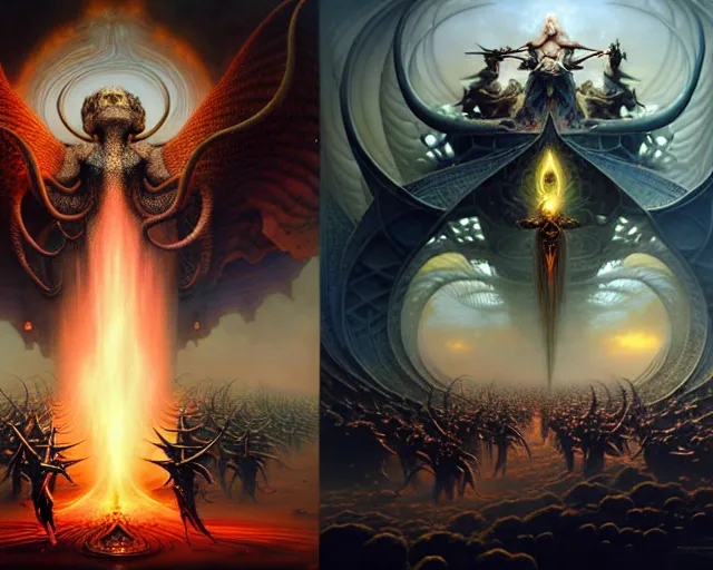 Prompt: the battle between the armies of good and evil, fantasy character portrait made of fractals facing each other, ultra realistic, wide angle, intricate details, the fifth element artifacts, highly detailed by peter mohrbacher, hajime sorayama, wayne barlowe, boris vallejo, aaron horkey, gaston bussiere, craig mullins