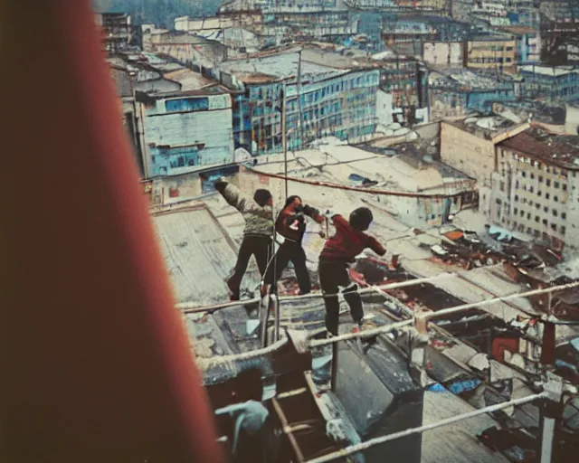 Image similar to lomo photo of roofjumpers climbing on roof of soviet hrushevka, small town, cinestill, bokeh, out of focus