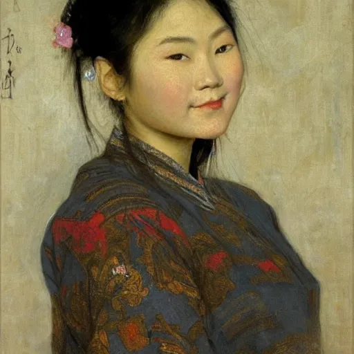 Prompt: portrait of asian beautiful woman masterpiece painting by vasnetsov and surikov, JEAN-VICTOR BERTIN, by Terence Cuneo, detailed, t artfully traced