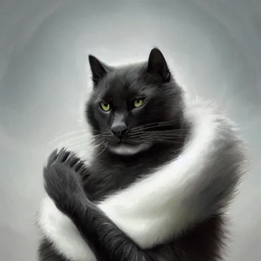 Image similar to a big dark grey cat with white belly, white paws and white face markings with long fur and fluffy tail sitting, intricate, elegant, highly detailed, digital painting, artstation, concept art, matte, sharp focus, illustration, art by Artgerm and Greg Rutkowski and Alphonse Mucha