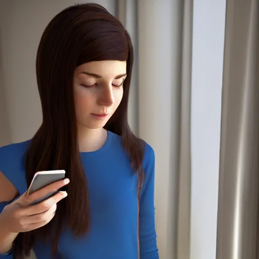 Image similar to Girl with dark brown hair, on her phone, in a bright room, contemplating if she should join a group chat, trending on artstation, artstationHQ, artstationHD, artstation photorealism, 4k, 8k