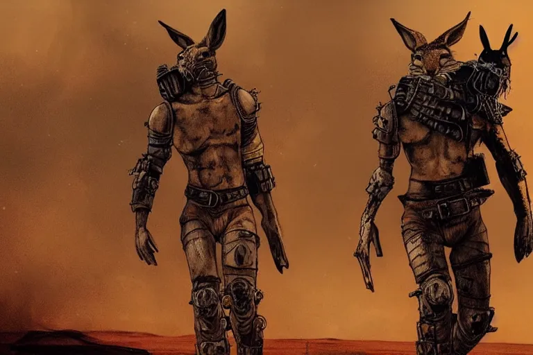 Prompt: a good ol'jackrabbit fursona ( from the furry fandom ), heavily armed and armored facing down armageddon in a dark and gritty version from the makers of mad max : fury road. witness me.