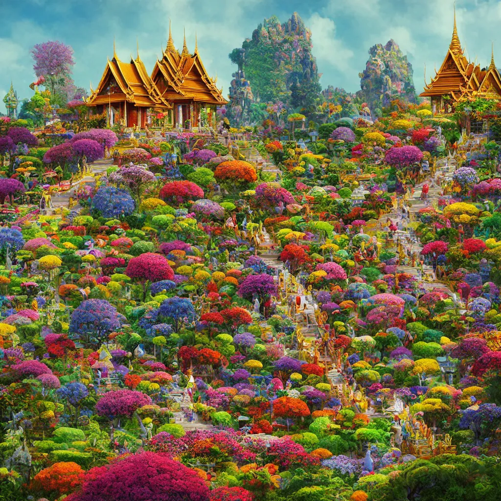 Image similar to summer morning, thai temple, rolling mountain, very coherent and colorful high contrast, art by gediminas pranckevicius, geof darrow, dark shadows, hard lighting, flowers garden