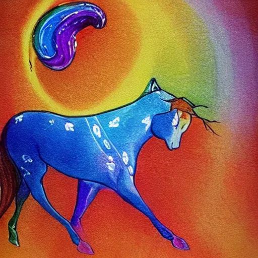 Image similar to a rainbow cat riding a horse