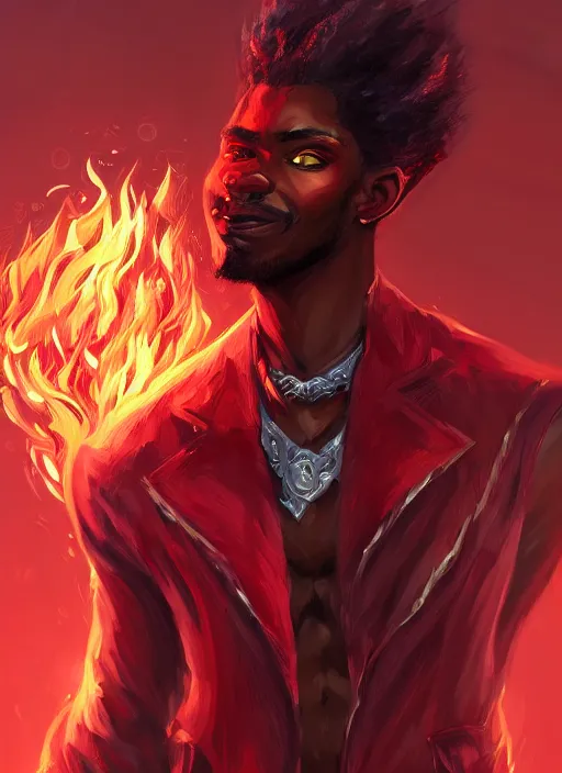 Image similar to a highly detailed illustration of attractive top cut haired african guy wearing red jacket, flaming eyes, dramatic smile pose, intricate, elegant, highly detailed, centered, digital painting, artstation, concept art, smooth, sharp focus, league of legends concept art, wlop