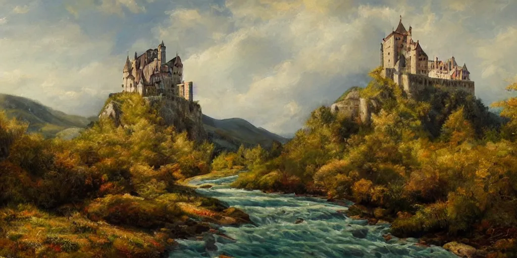 Image similar to A beautiful paiting of a castle in the sunny valley, with wind keeping blowing over a small river