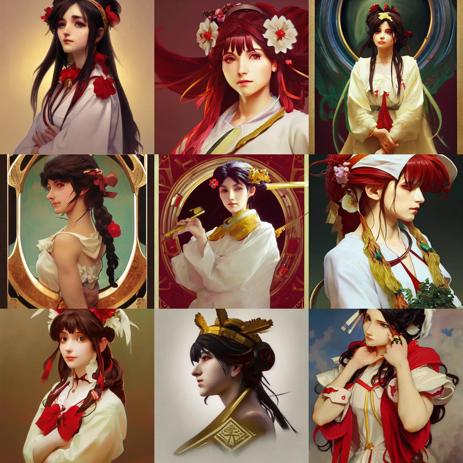 Prompt: a portrait painting of reimu hakurei, by zeronis and greg rutkowski and alphonse mucha, marble, gold, unreal engine 5