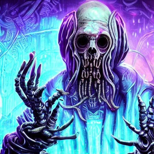 Prompt: cyberpunk undead lich ilithid mindflayer playing synthesizers, honeycomb background, D&D, laser show, highly detailed, realistic, technology and magic,