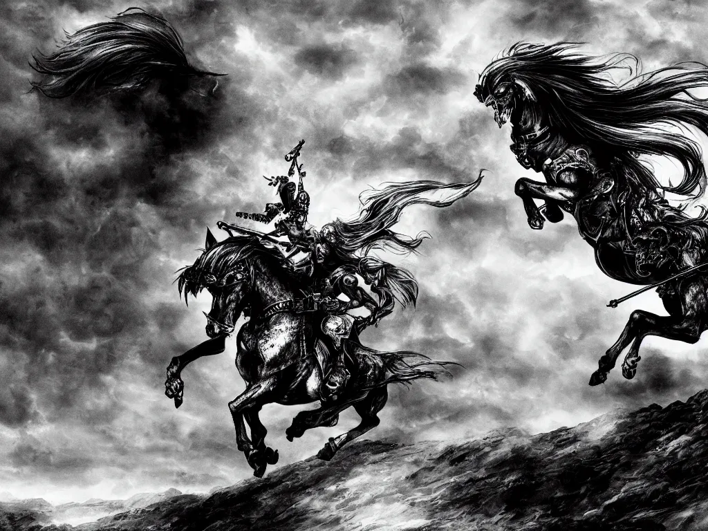 Prompt: black and white detailled illustration of death riding a pale horse over a wasteland in the style of yoshitaka amano / cinematic composition