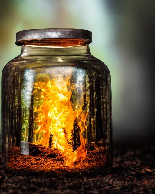 Prompt: glass jar with a burning forest inside, standing on a rock, bokeh, dark background, dramatic lighting, fantasy, magic, hyperrealistic, volumentric lighting, golden sunglight, highly detailed, reflections, refractions