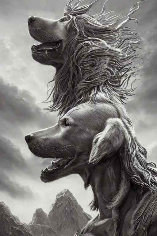 Prompt: Dog as a god, detailed face, gorgeous, amazing, flowing hair, very muscular male body, partial anatomy, stormy background, caesar victorious, proud Emperor, crepuscular ray, intricate, highly detailed, 8K, digital painting, fantasy, artstation, concept art, sharp focus, over-shoulder shot, illustration, art by greg rutkowski beeple and alphonse mucha
