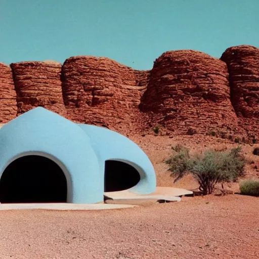 Image similar to a Non-Euclidean orb-like clay house sitting in the desert, vintage photo, beautiful cinematography, blue sky, film grain, James Turrell