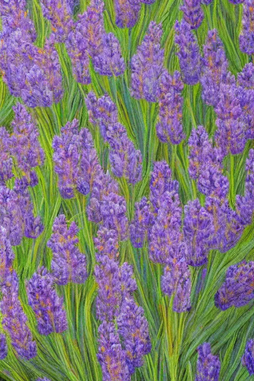 Prompt: hyperrealism close-up mythological composition of a huge number of lavender flowers merged with small wooden church, turquoise palette, in style of classicism